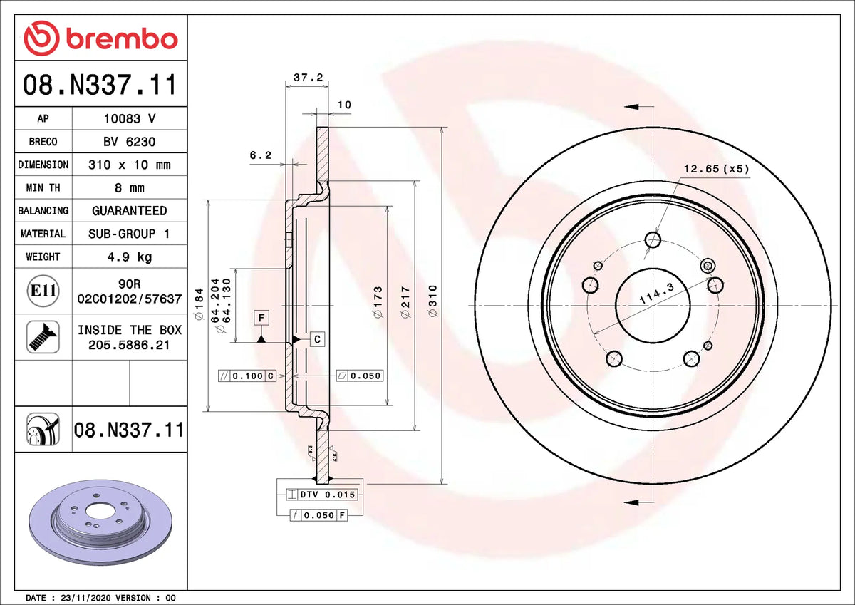 Brembo 08.N337.11 rear brake rotor technical drawing